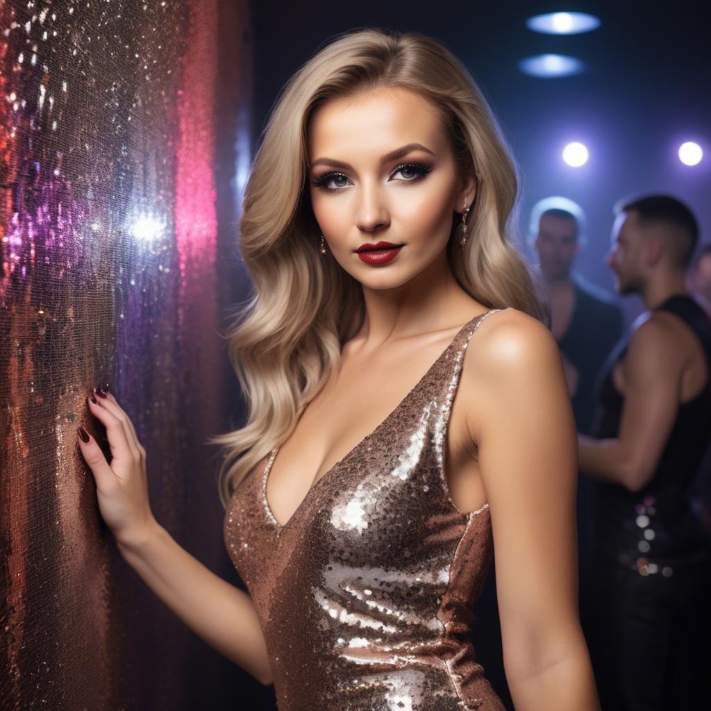 A stunning image of polish bombshell showing off a fitted sequin dress capturing a glamorous nightclub feel.