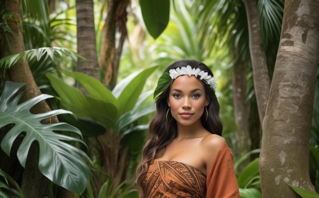 A stunning image of polynesian princess wearing a handwoven sarong posed among lush tropical foliage.