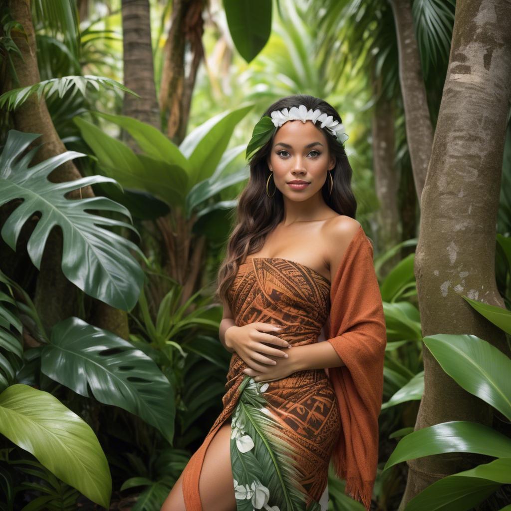 A stunning image of polynesian princess wearing a handwoven sarong posed among lush tropical foliage.