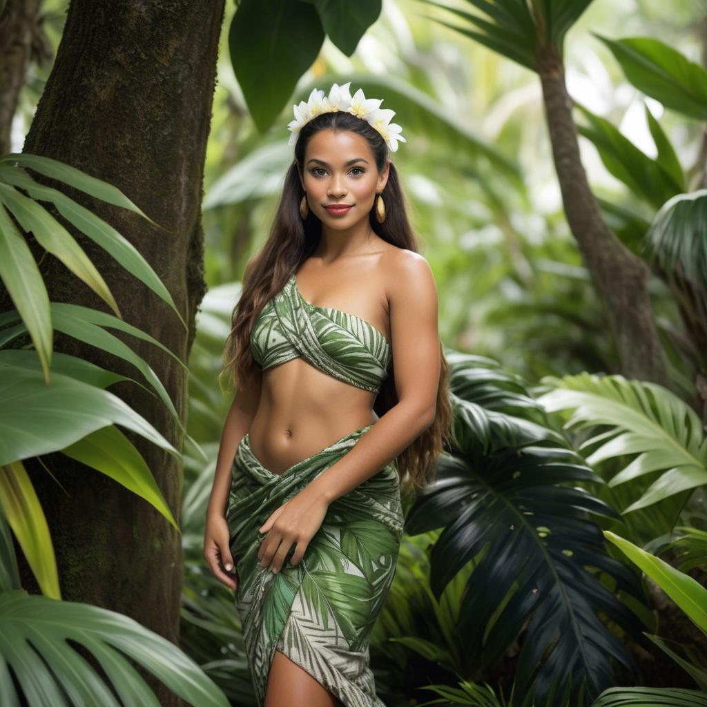 A stunning image of polynesian princess wearing a handwoven sarong posed among lush tropical foliage.