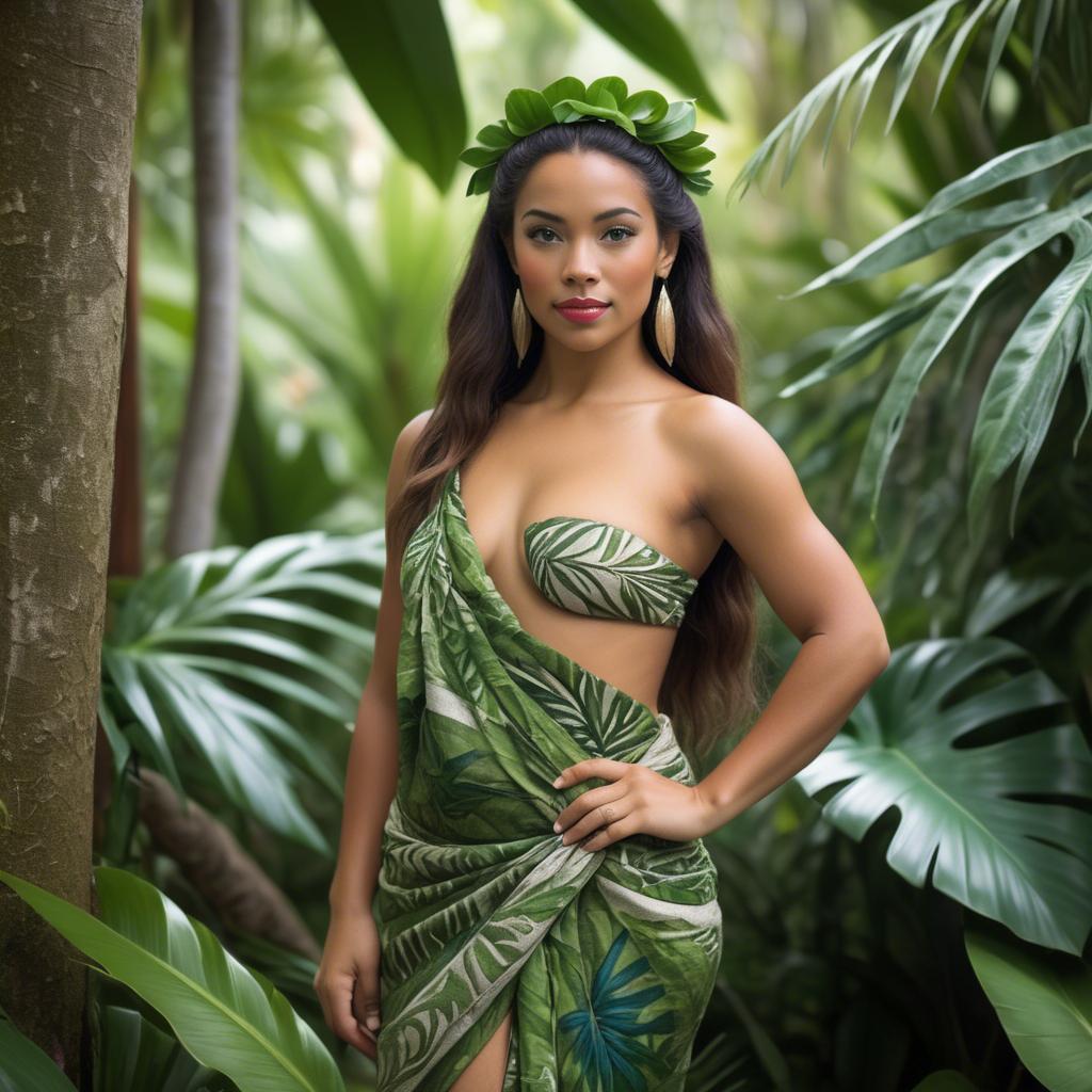 A stunning image of polynesian princess wearing a handwoven sarong posed among lush tropical foliage.