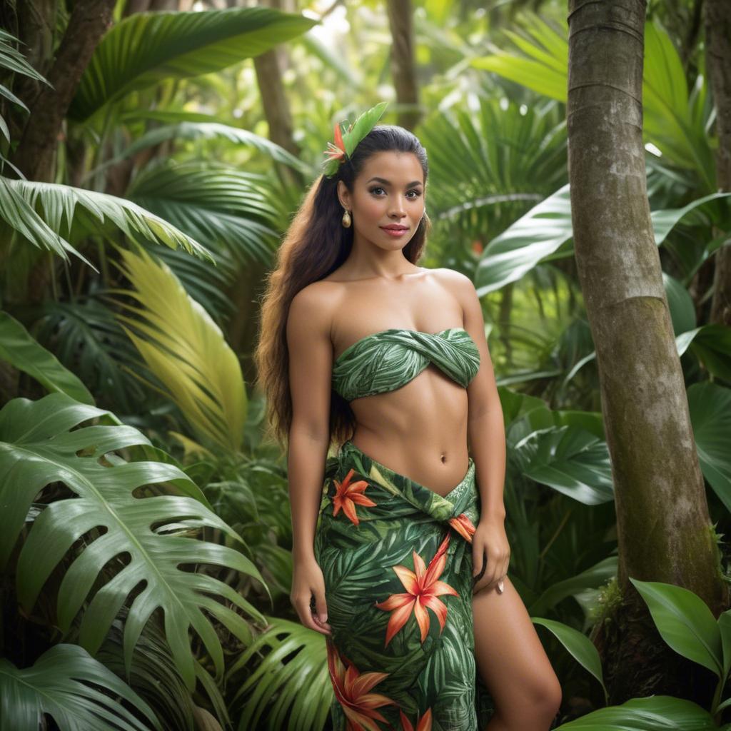 A stunning image of polynesian princess wearing a handwoven sarong posed among lush tropical foliage.