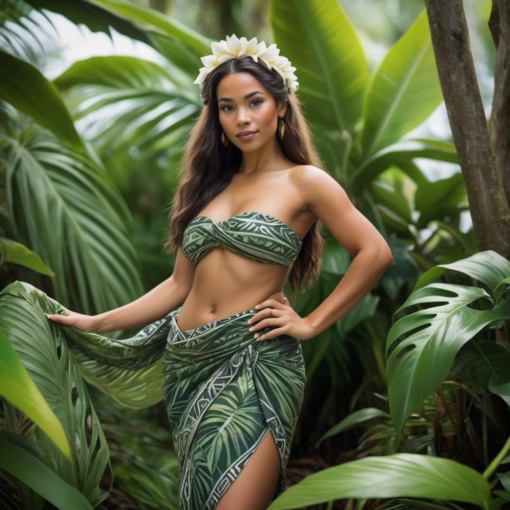 A stunning image of polynesian princess wearing a handwoven sarong posed among lush tropical foliage.