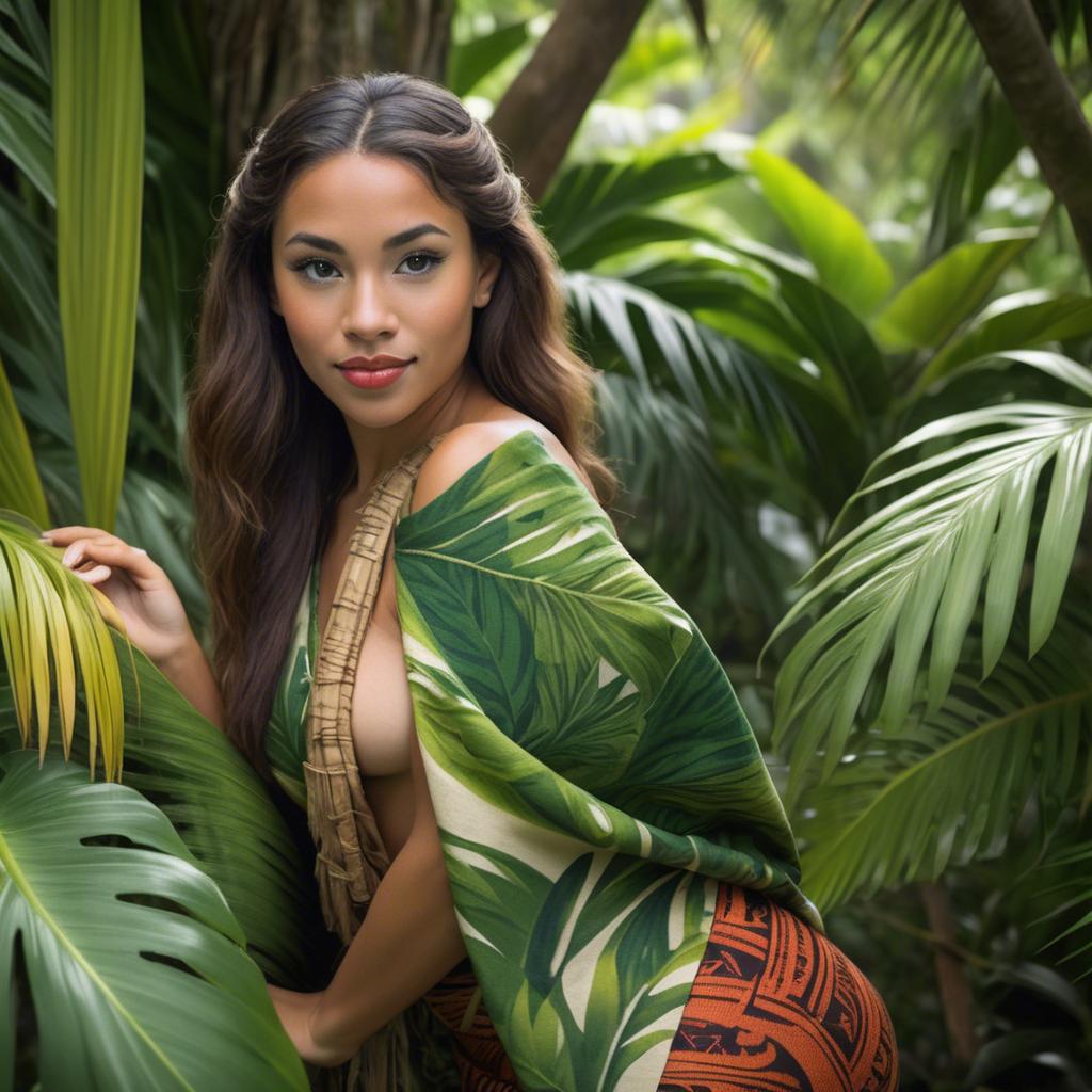 A stunning image of polynesian princess wearing a handwoven sarong posed among lush tropical foliage.
