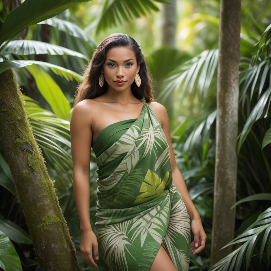 A stunning image of polynesian princess wearing a handwoven sarong posed among lush tropical foliage.