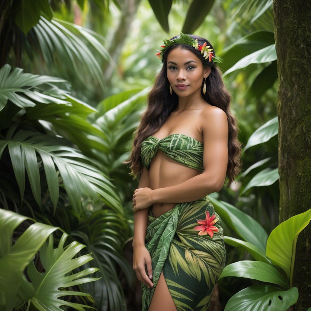 A stunning image of polynesian princess wearing a handwoven sarong posed among lush tropical foliage.