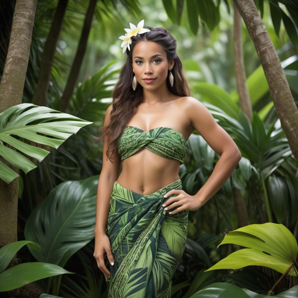 A stunning image of polynesian princess wearing a handwoven sarong posed among lush tropical foliage.