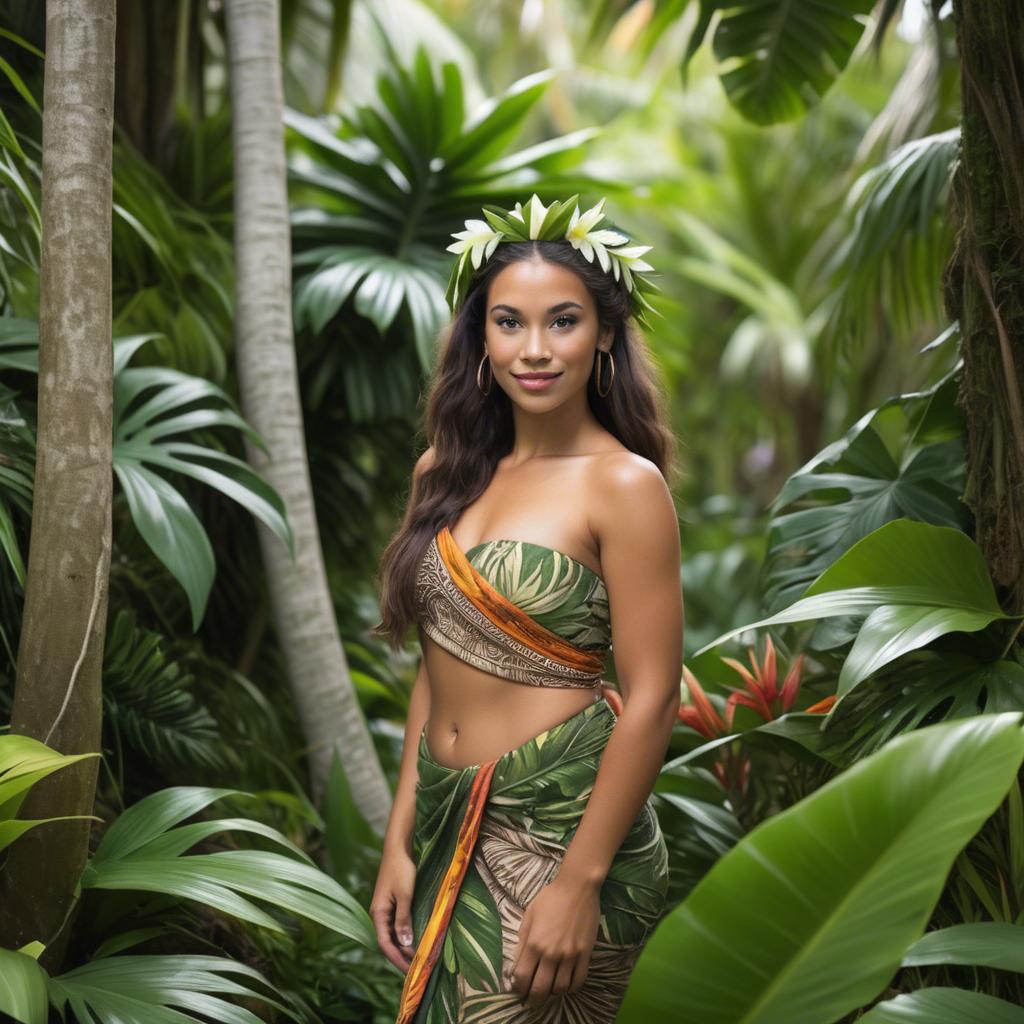 A stunning image of polynesian princess wearing a handwoven sarong posed among lush tropical foliage.