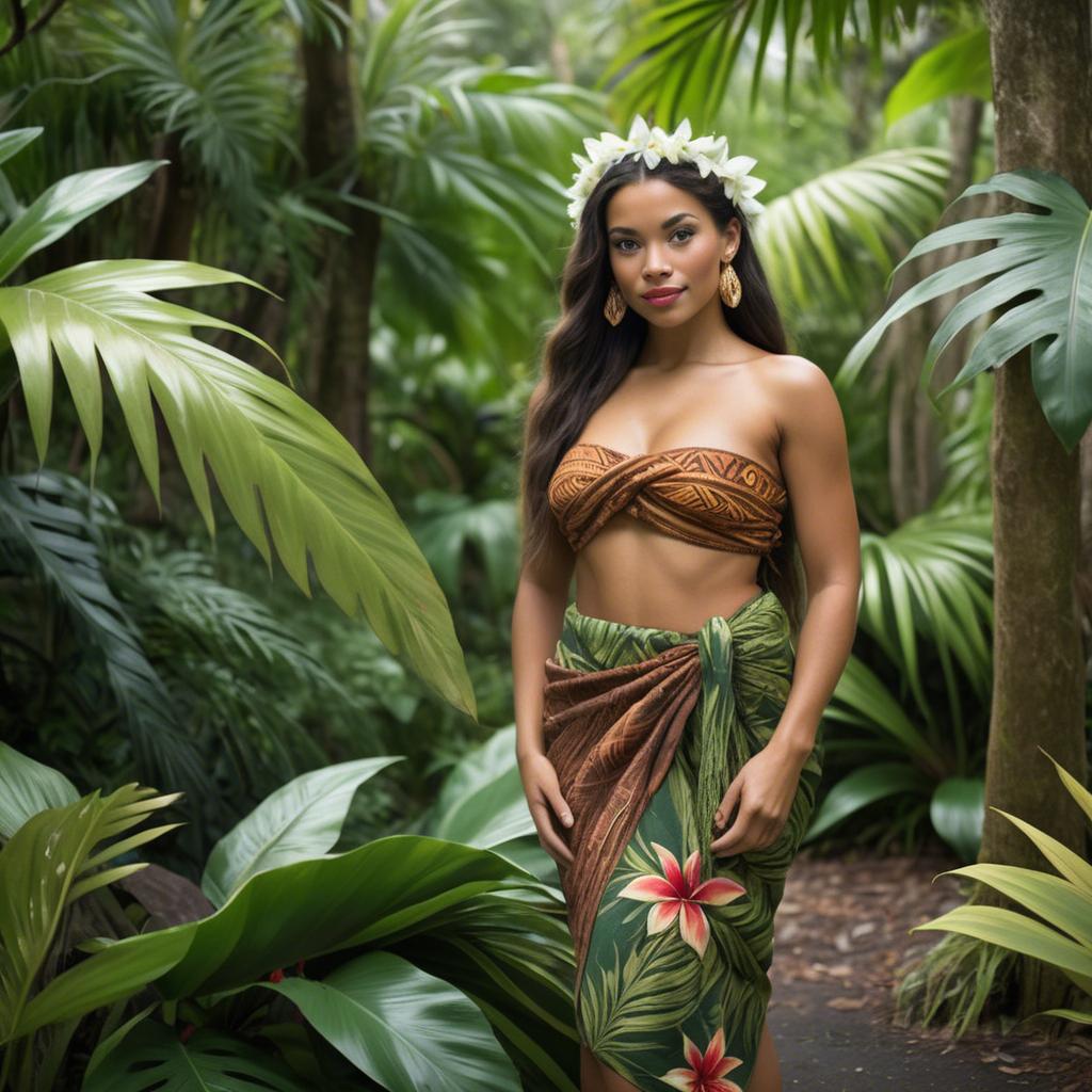 A stunning image of polynesian princess wearing a handwoven sarong posed among lush tropical foliage.