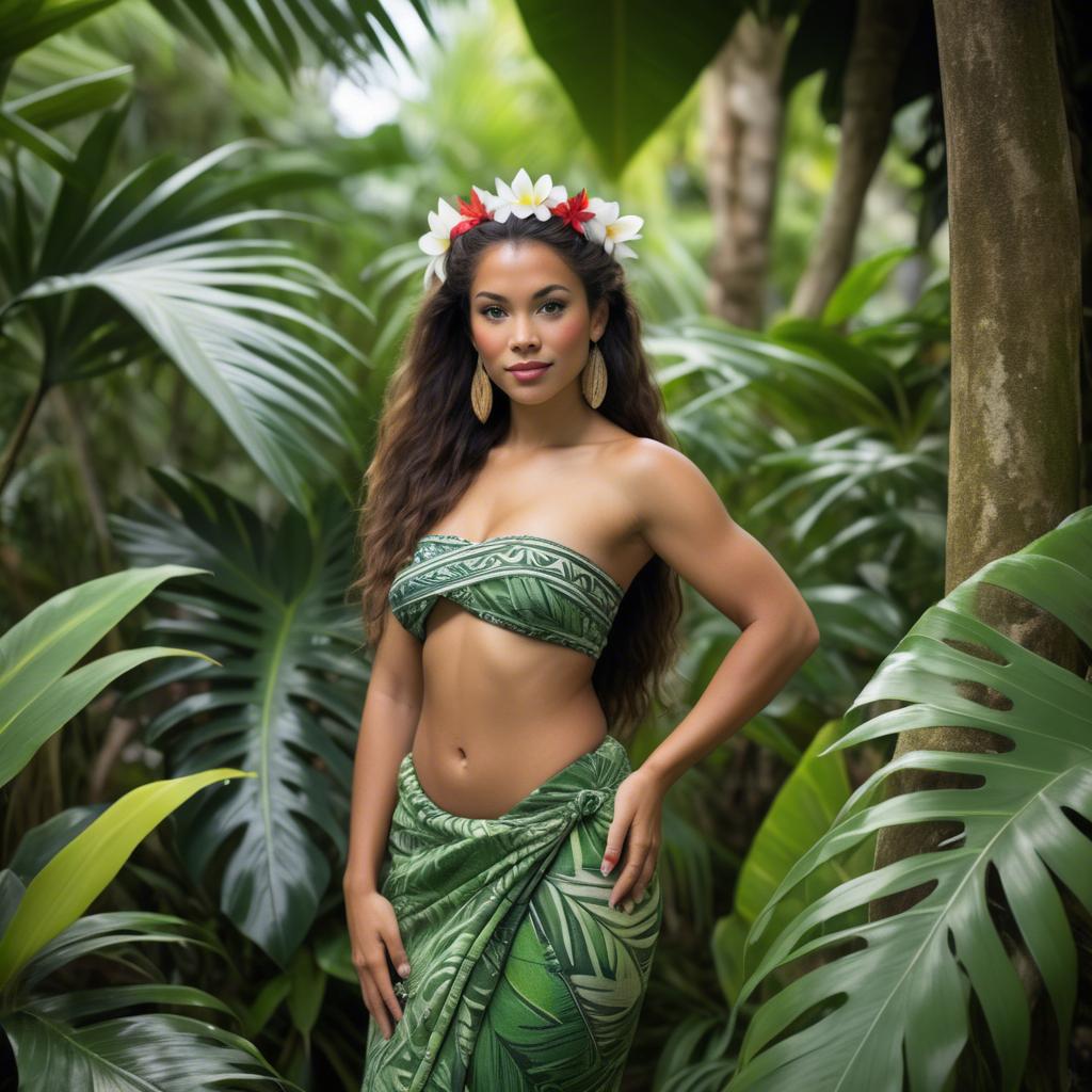 A stunning image of polynesian princess wearing a handwoven sarong posed among lush tropical foliage.
