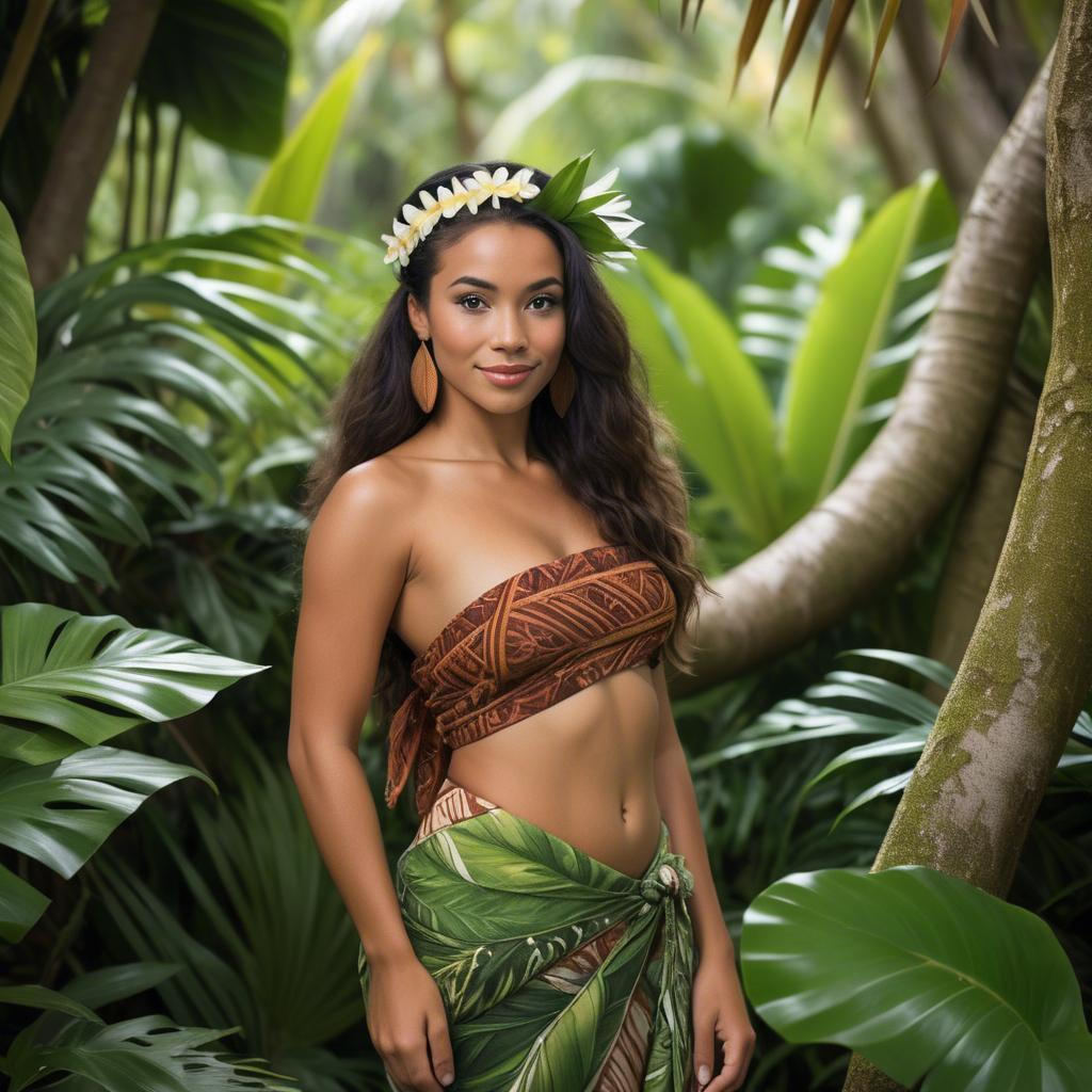 A stunning image of polynesian princess wearing a handwoven sarong posed among lush tropical foliage.