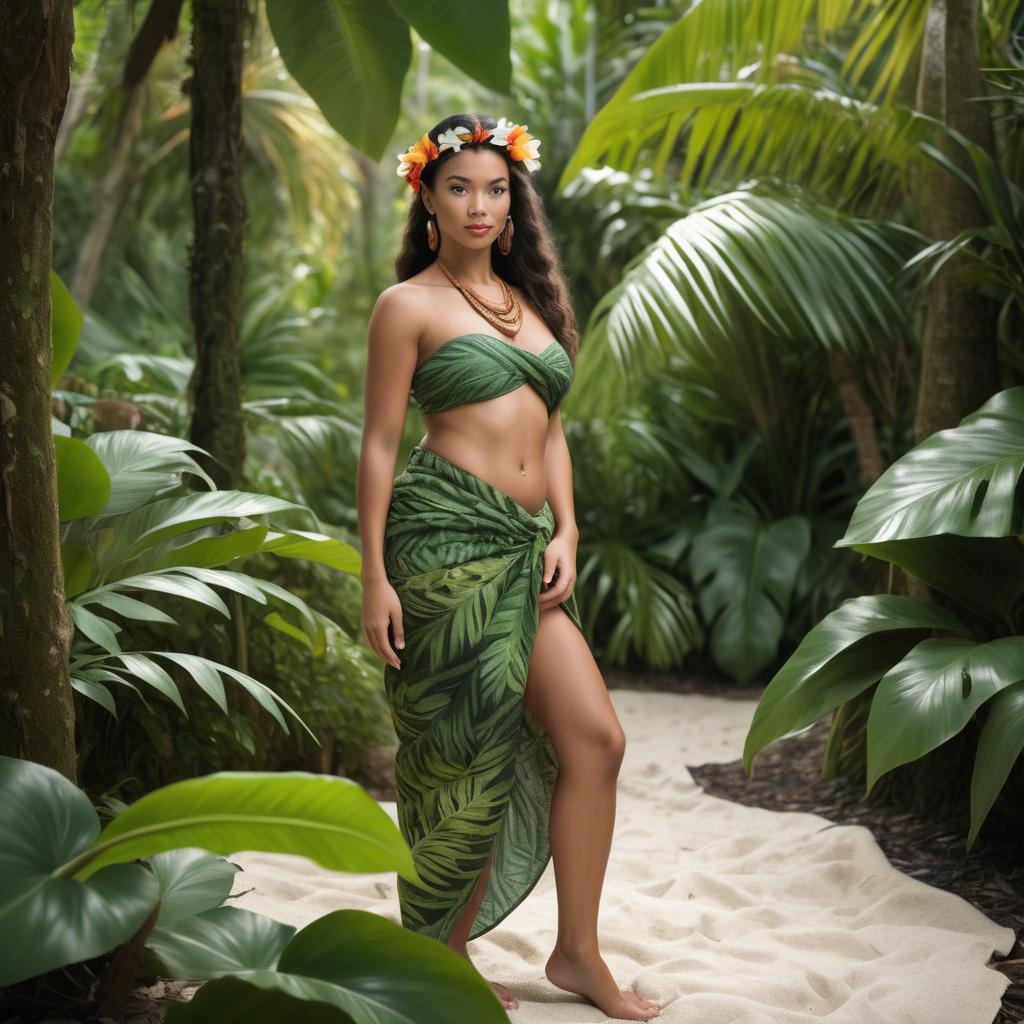 A stunning image of polynesian princess wearing a handwoven sarong posed among lush tropical foliage.