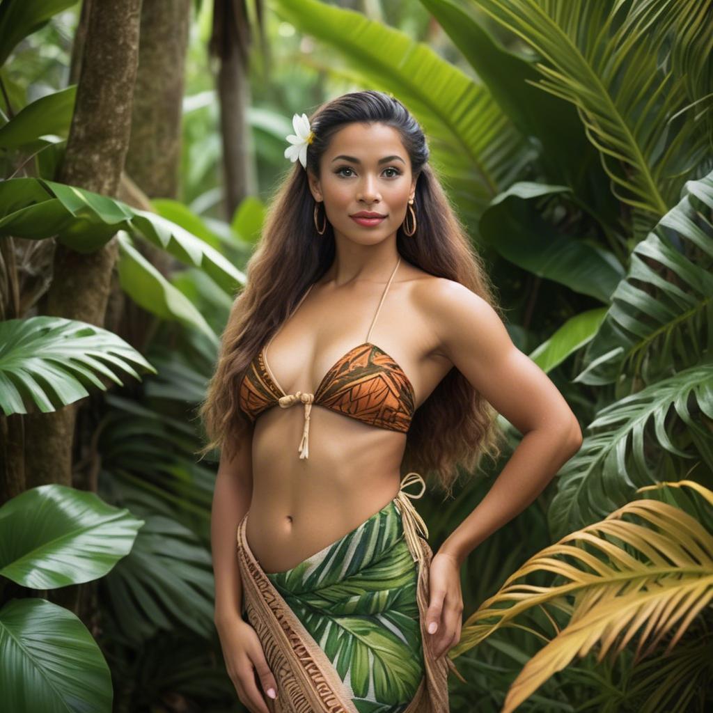 A stunning image of polynesian princess wearing a handwoven sarong posed among lush tropical foliage.