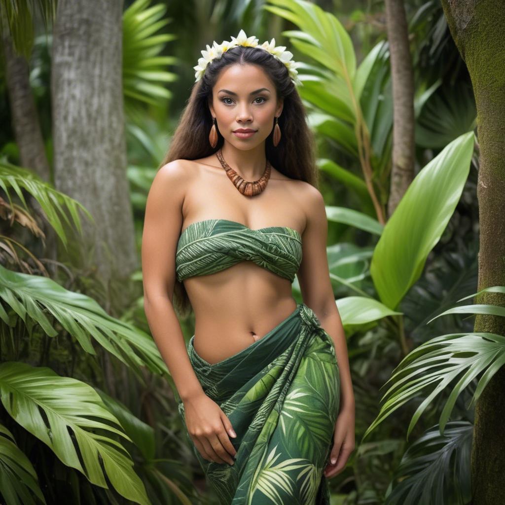 A stunning image of polynesian princess wearing a handwoven sarong posed among lush tropical foliage.