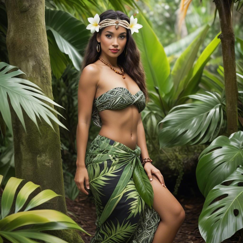 A stunning image of polynesian princess wearing a handwoven sarong posed among lush tropical foliage.