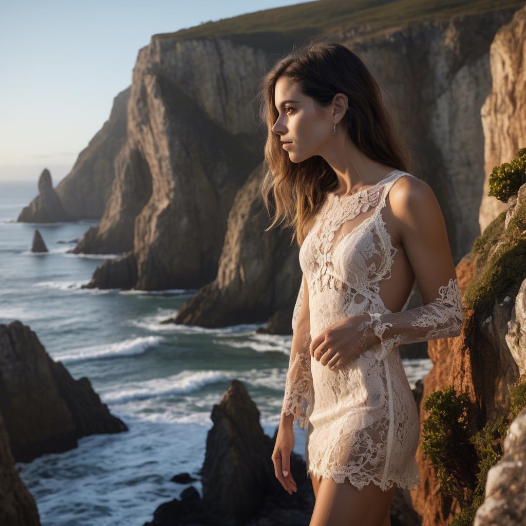 A stunning image of portuguese charm in a romantic lace mini-dress glowing against rugged coastal cliffs.