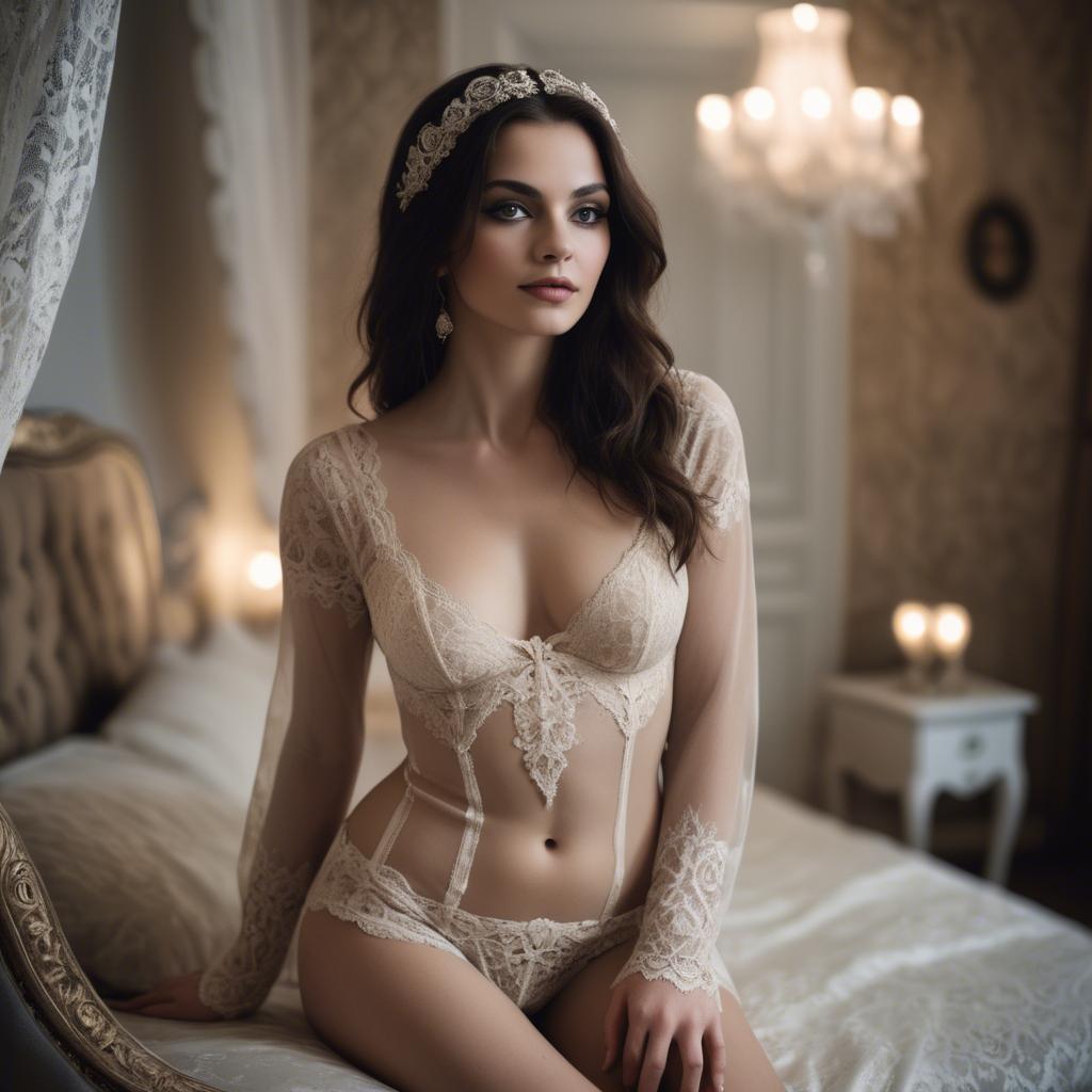 A stunning image of romanian enchantress gracing a lavish boudoir wearing intricate lace with soft lighting.