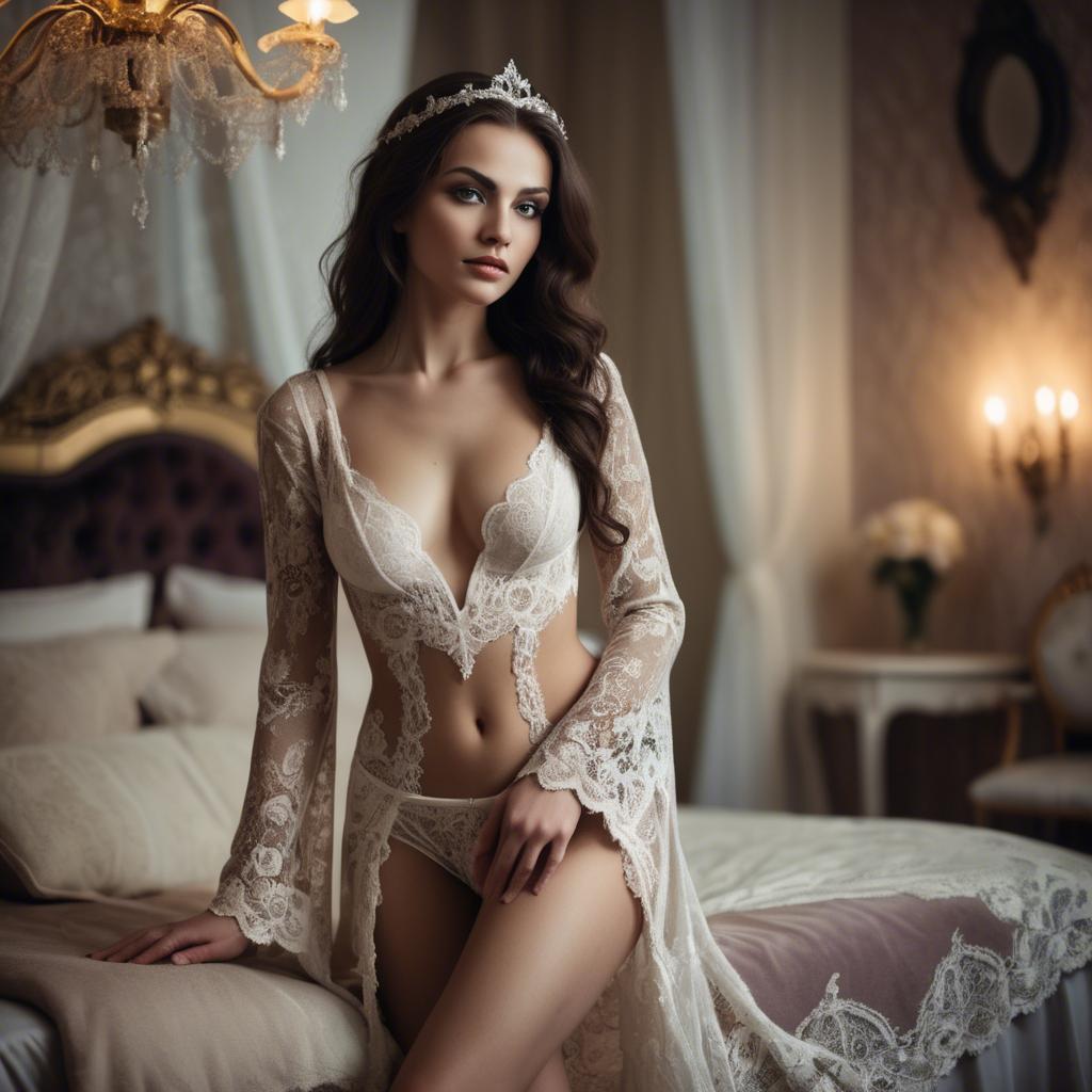 A stunning image of romanian enchantress gracing a lavish boudoir wearing intricate lace with soft lighting.