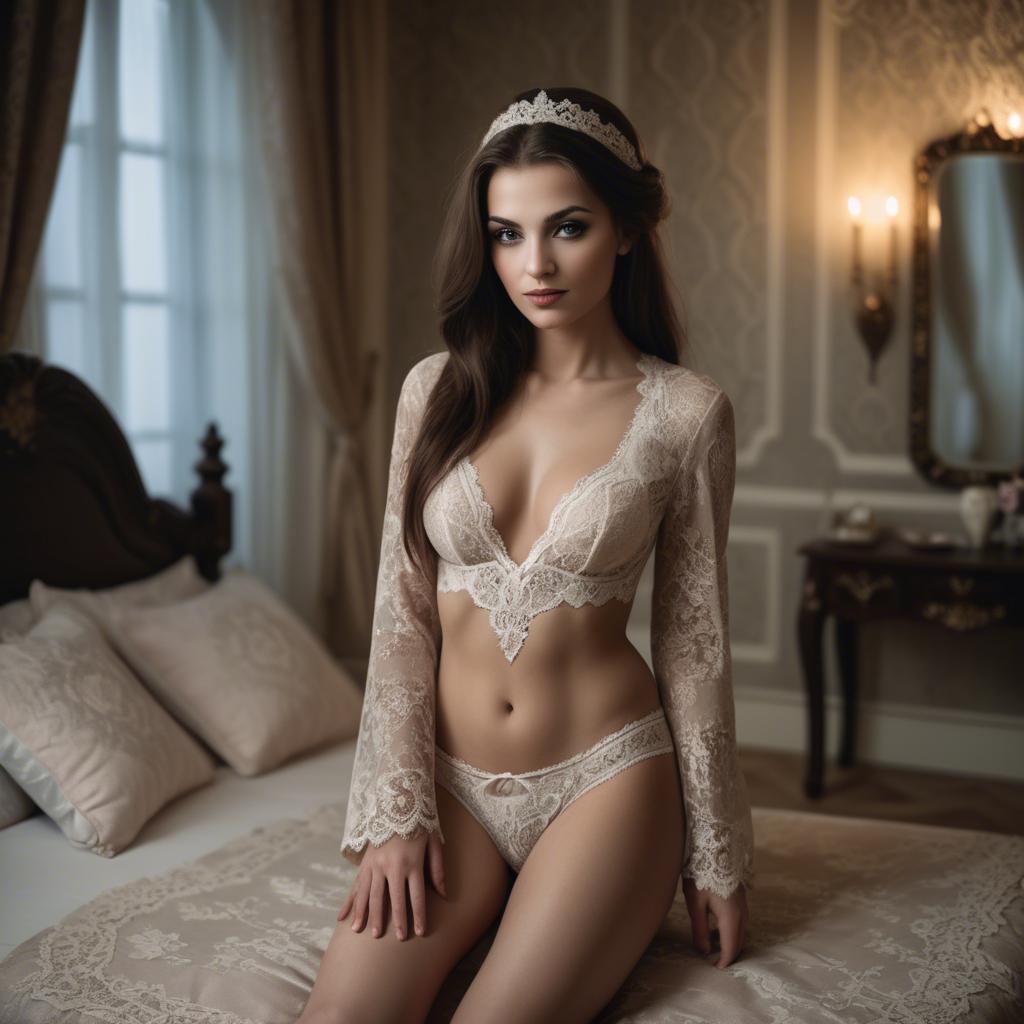 A stunning image of romanian enchantress gracing a lavish boudoir wearing intricate lace with soft lighting.