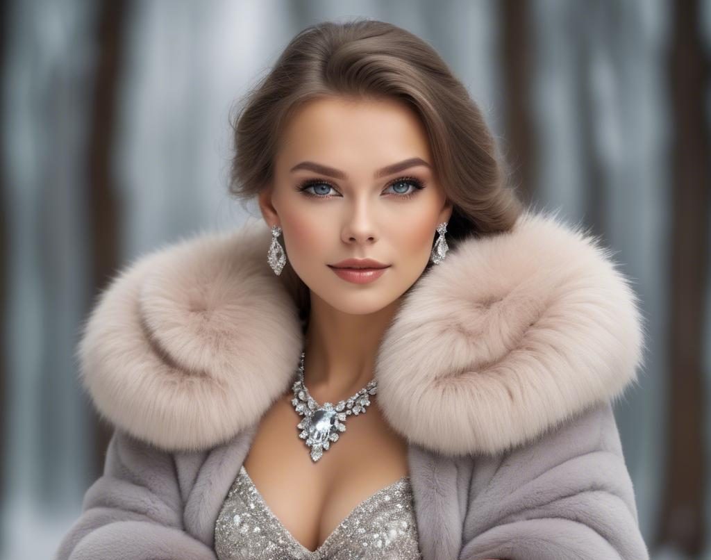 A stunning image of russian beauty wearing a plush fur shrug and sparkling diamond accessories.