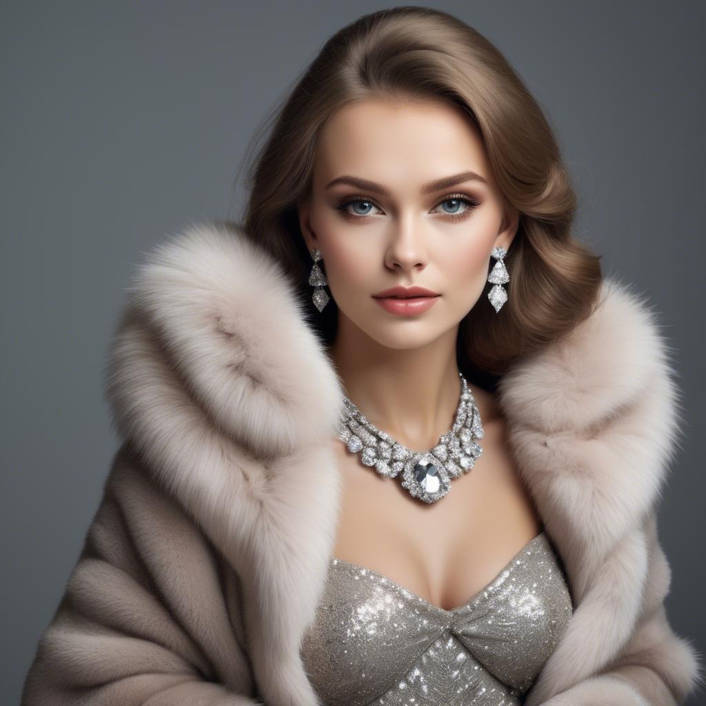 A stunning image of russian beauty wearing a plush fur shrug and sparkling diamond accessories.