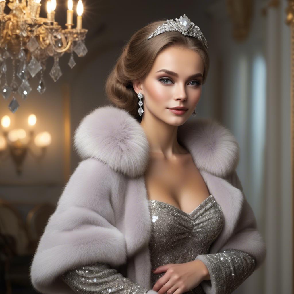 A stunning image of russian beauty wearing a plush fur shrug and sparkling diamond accessories.