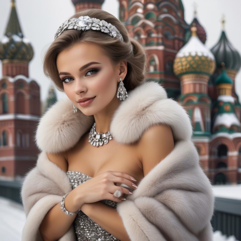 A stunning image of russian beauty wearing a plush fur shrug and sparkling diamond accessories.