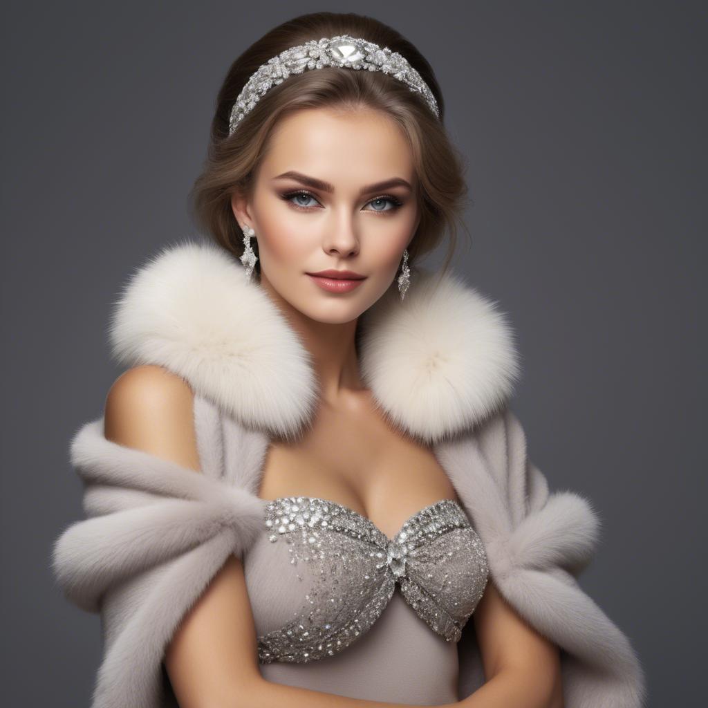 A stunning image of russian beauty wearing a plush fur shrug and sparkling diamond accessories.