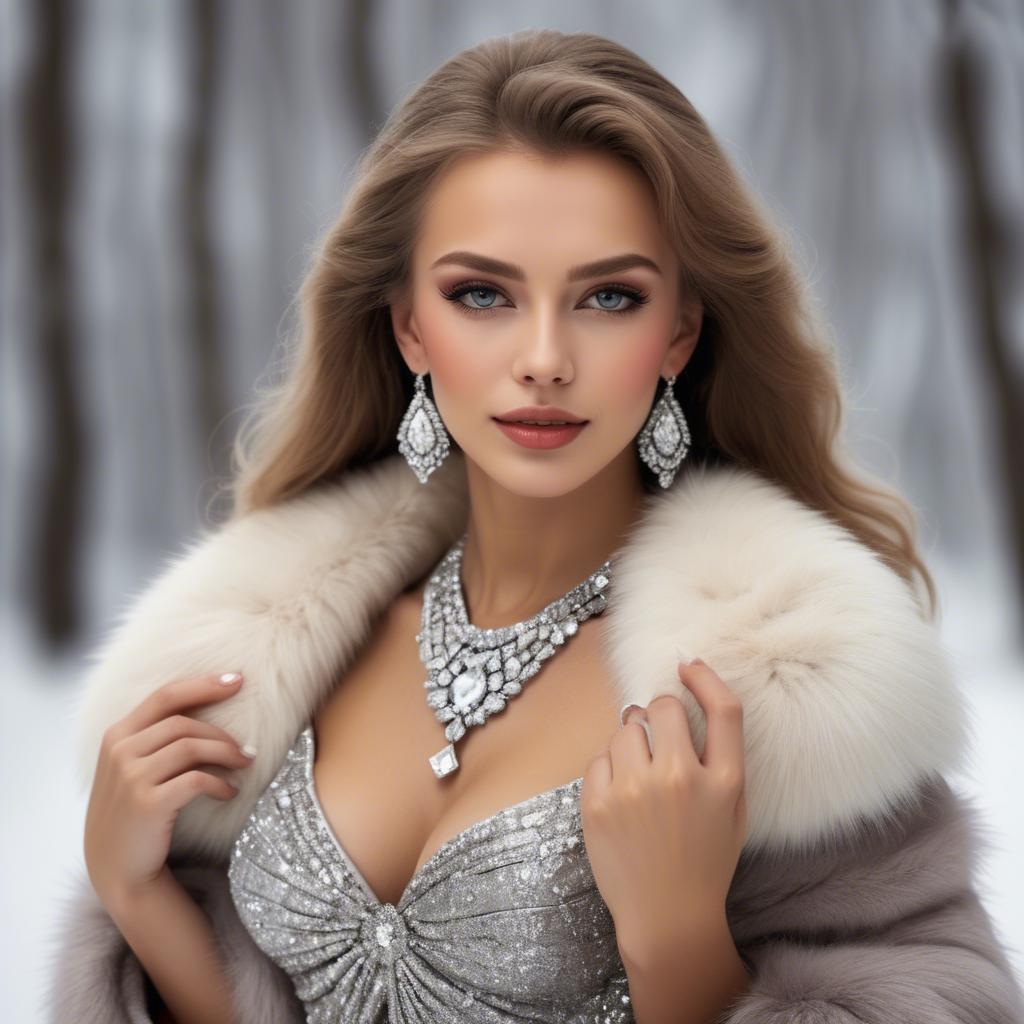 A stunning image of russian beauty wearing a plush fur shrug and sparkling diamond accessories.