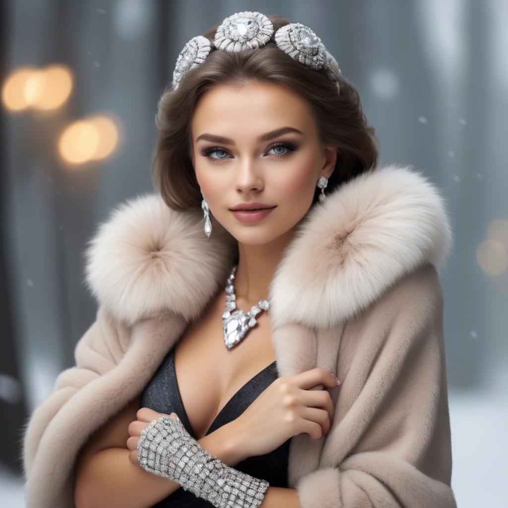 A stunning image of russian beauty wearing a plush fur shrug and sparkling diamond accessories.