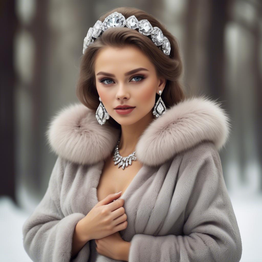 A stunning image of russian beauty wearing a plush fur shrug and sparkling diamond accessories.