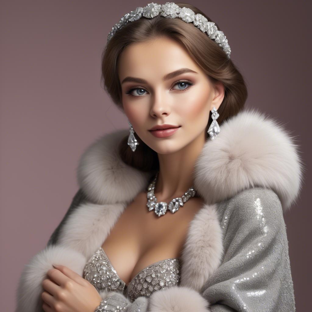 A stunning image of russian beauty wearing a plush fur shrug and sparkling diamond accessories.
