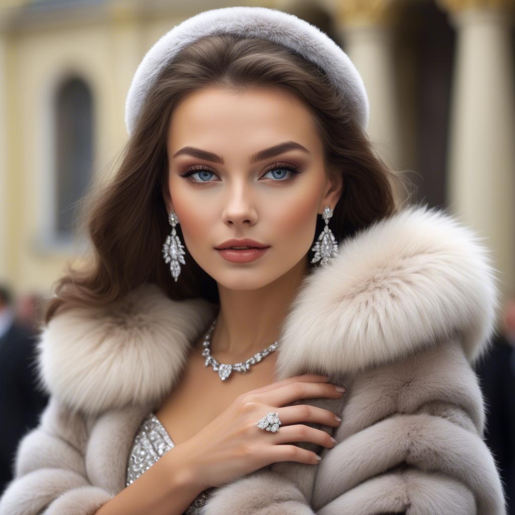 A stunning image of russian beauty wearing a plush fur shrug and sparkling diamond accessories.