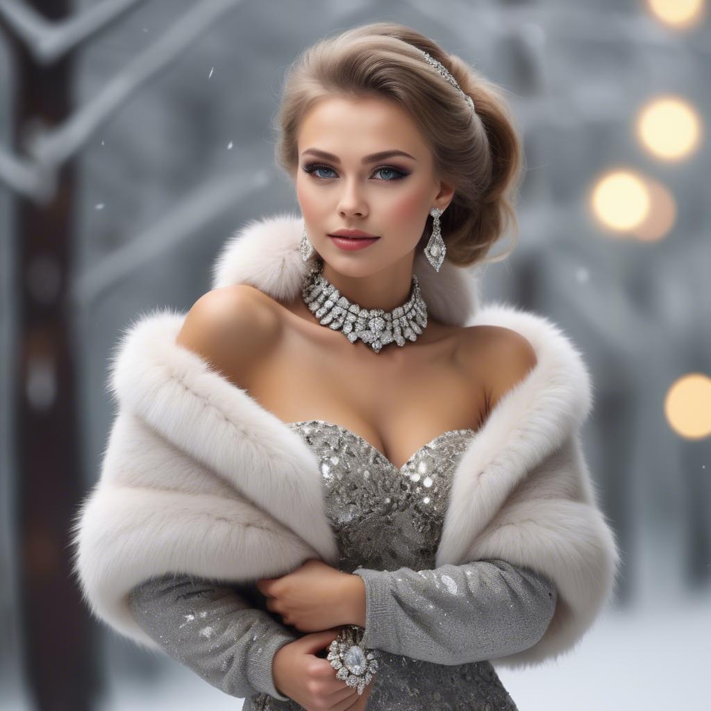 A stunning image of russian beauty wearing a plush fur shrug and sparkling diamond accessories.