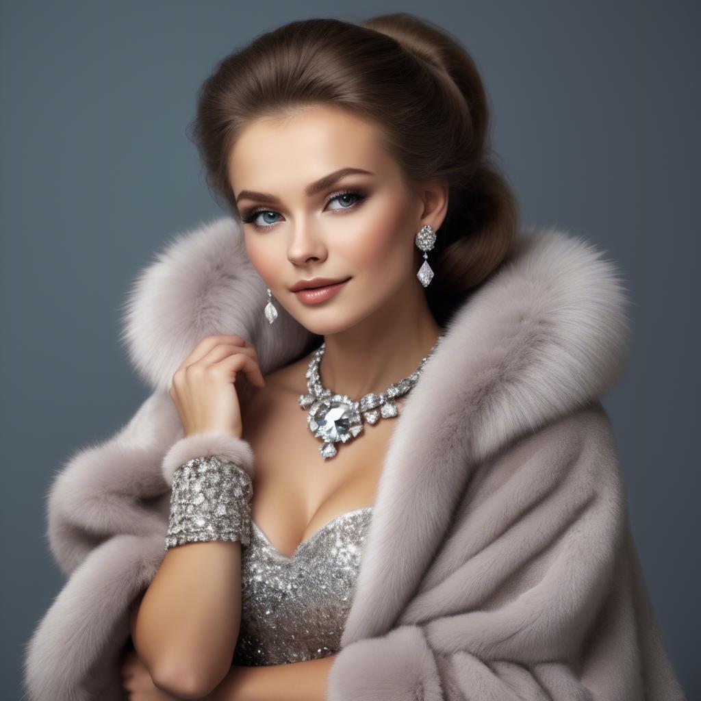 A stunning image of russian beauty wearing a plush fur shrug and sparkling diamond accessories.