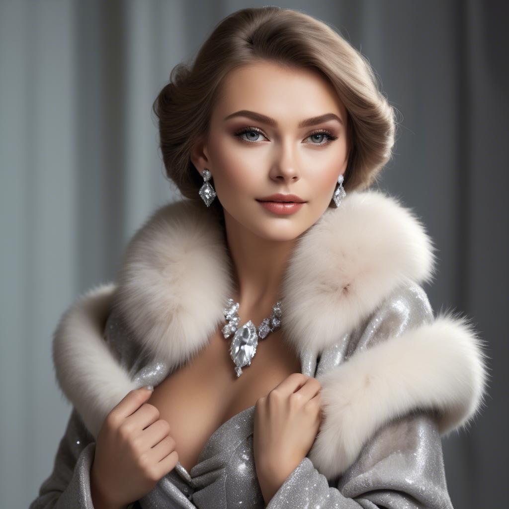 A stunning image of russian beauty wearing a plush fur shrug and sparkling diamond accessories.