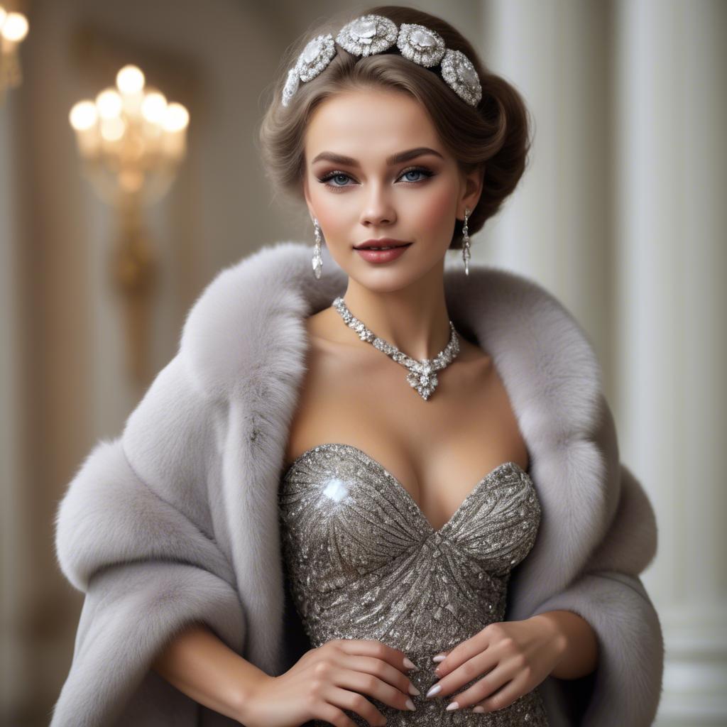 A stunning image of russian beauty wearing a plush fur shrug and sparkling diamond accessories.