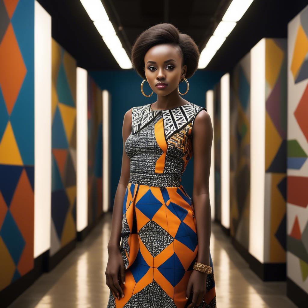 A stunning image of rwandan starlet dressed in bold geometric patterns, glowing under modern gallery spotlights.