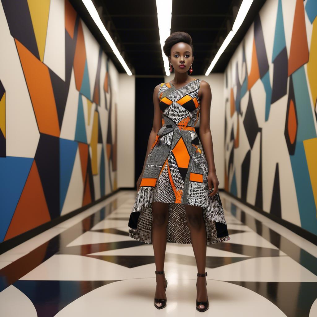 A stunning image of rwandan starlet dressed in bold geometric patterns, glowing under modern gallery spotlights.