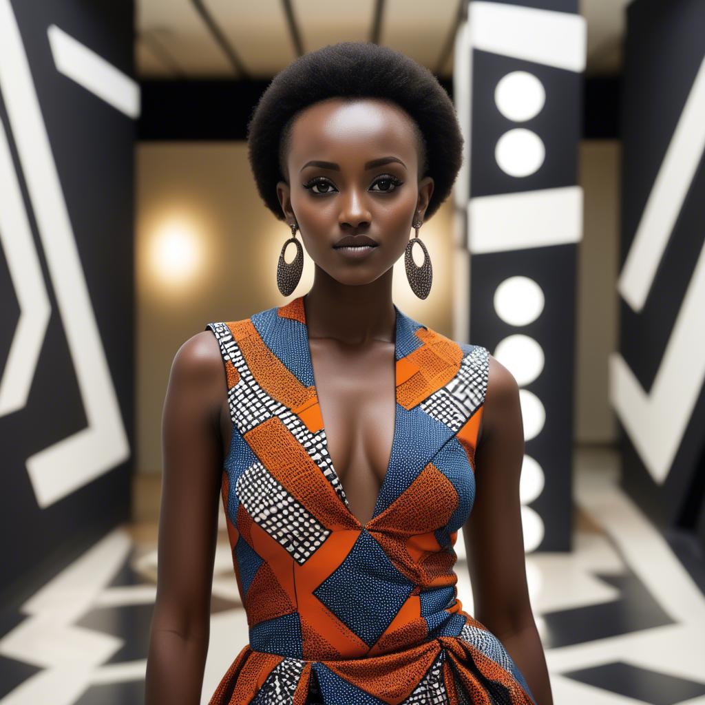 A stunning image of rwandan starlet dressed in bold geometric patterns, glowing under modern gallery spotlights.
