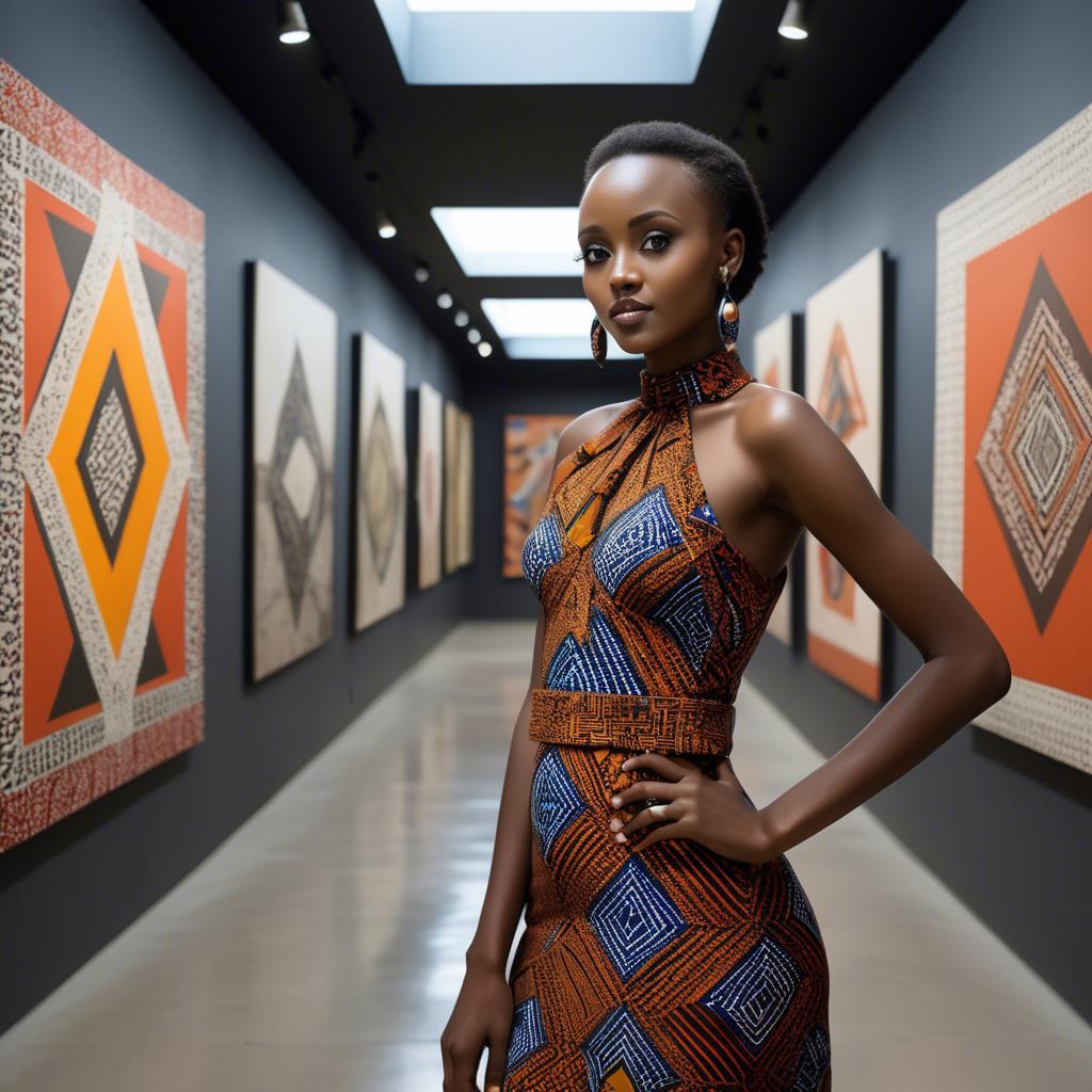A stunning image of rwandan starlet dressed in bold geometric patterns, glowing under modern gallery spotlights.