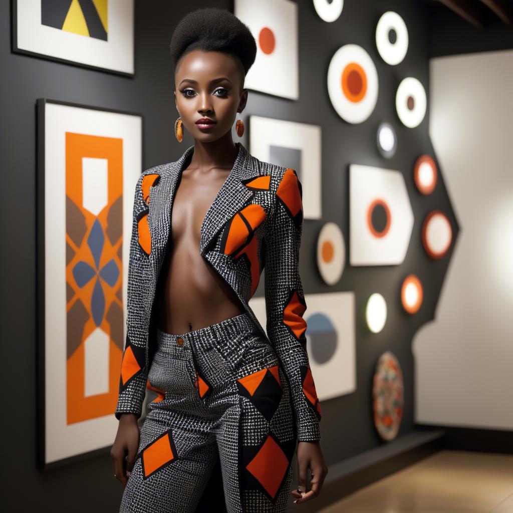 A stunning image of rwandan starlet dressed in bold geometric patterns, glowing under modern gallery spotlights.