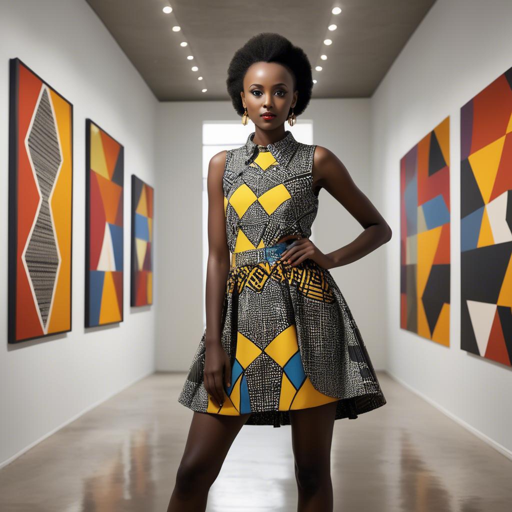 A stunning image of rwandan starlet dressed in bold geometric patterns, glowing under modern gallery spotlights.