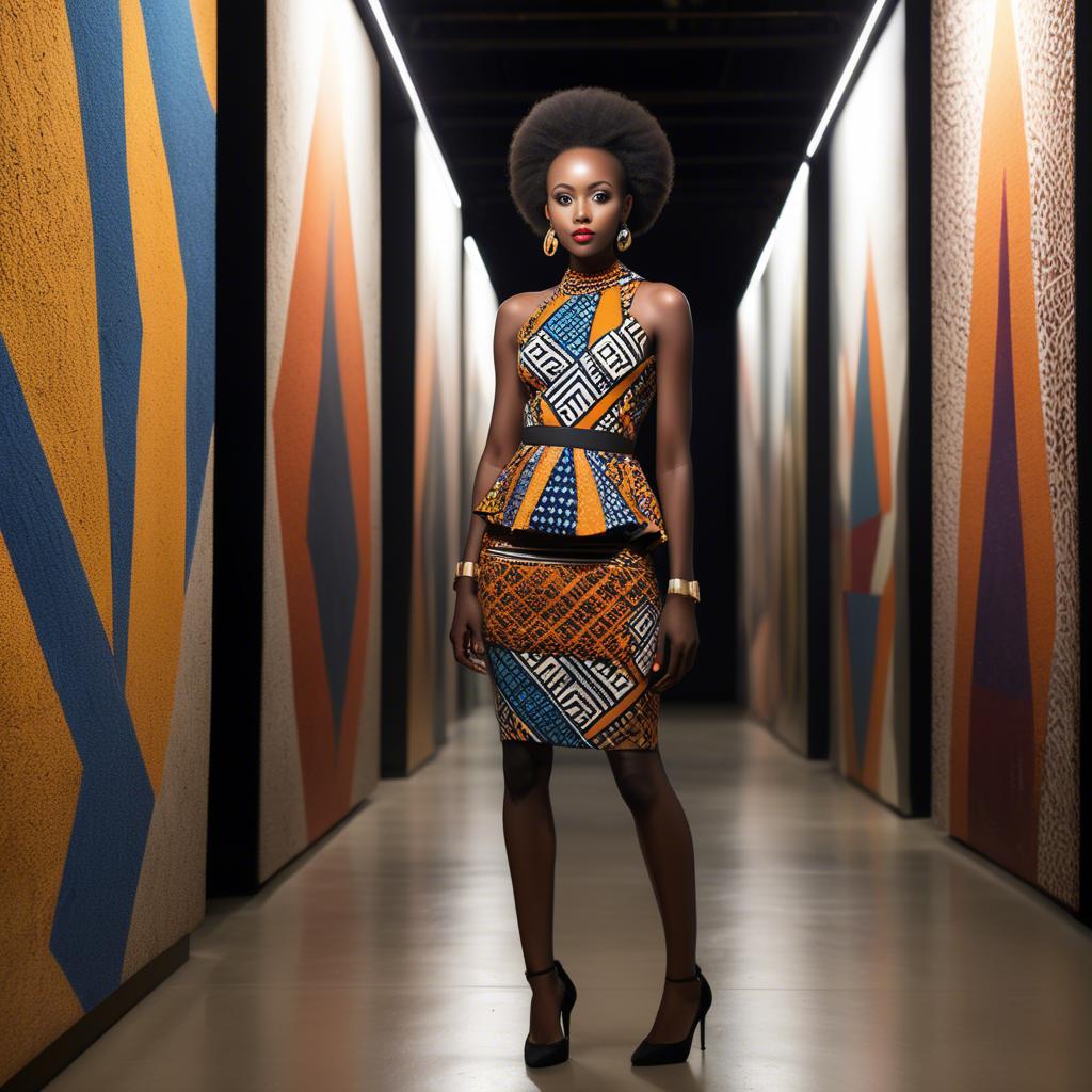 A stunning image of rwandan starlet dressed in bold geometric patterns, glowing under modern gallery spotlights.