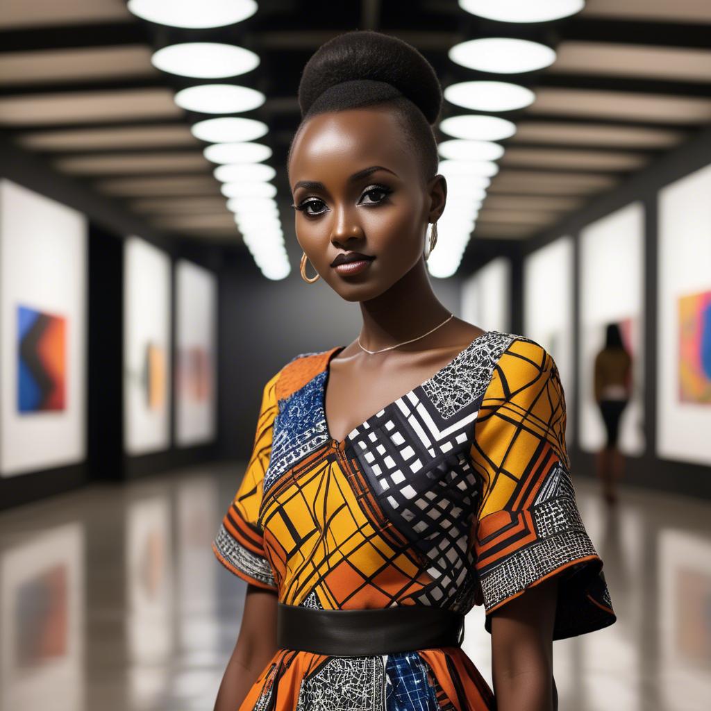 A stunning image of rwandan starlet dressed in bold geometric patterns, glowing under modern gallery spotlights.
