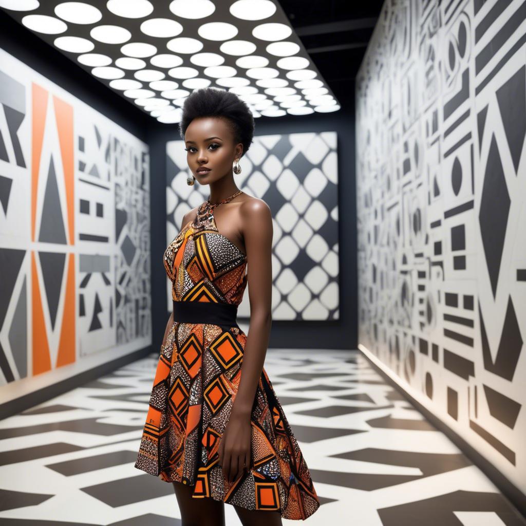 A stunning image of rwandan starlet dressed in bold geometric patterns, glowing under modern gallery spotlights.