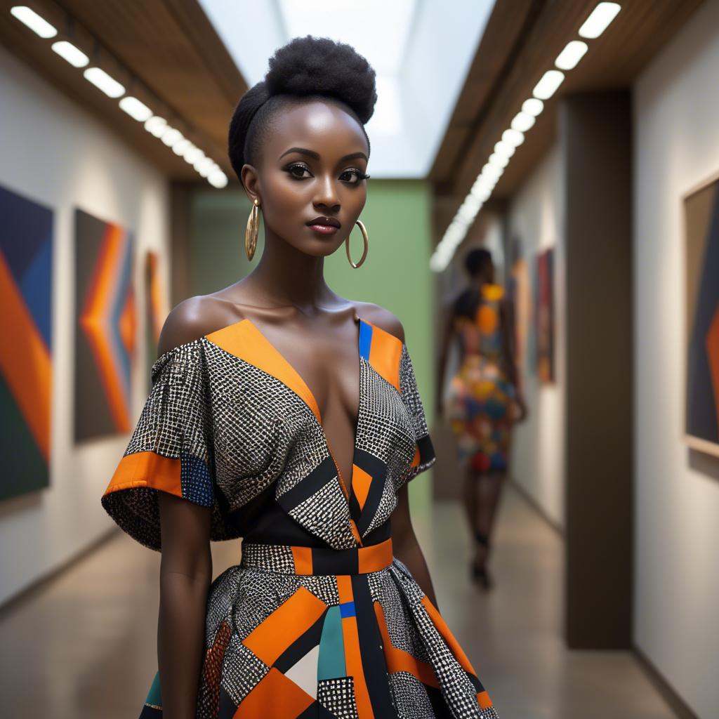 A stunning image of rwandan starlet dressed in bold geometric patterns, glowing under modern gallery spotlights.