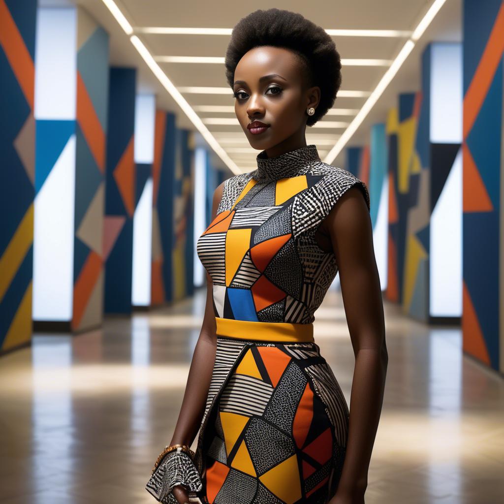 A stunning image of rwandan starlet dressed in bold geometric patterns, glowing under modern gallery spotlights.