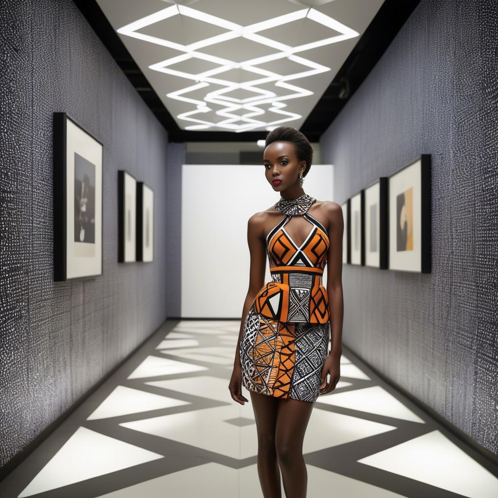 A stunning image of rwandan starlet dressed in bold geometric patterns, glowing under modern gallery spotlights.