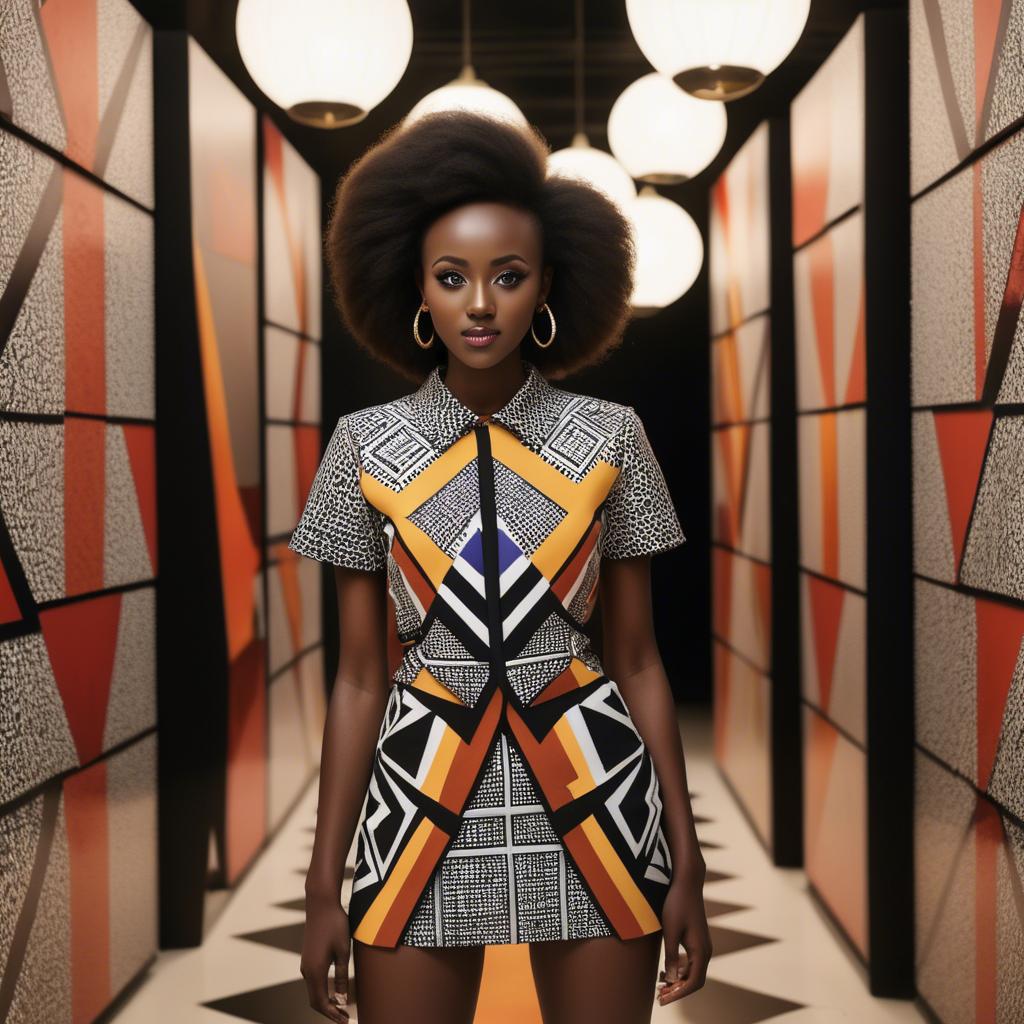 A stunning image of rwandan starlet dressed in bold geometric patterns, glowing under modern gallery spotlights.